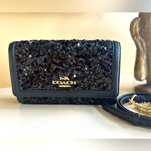 NWT Coach Black Sequin & Leather Clutch Crossbody